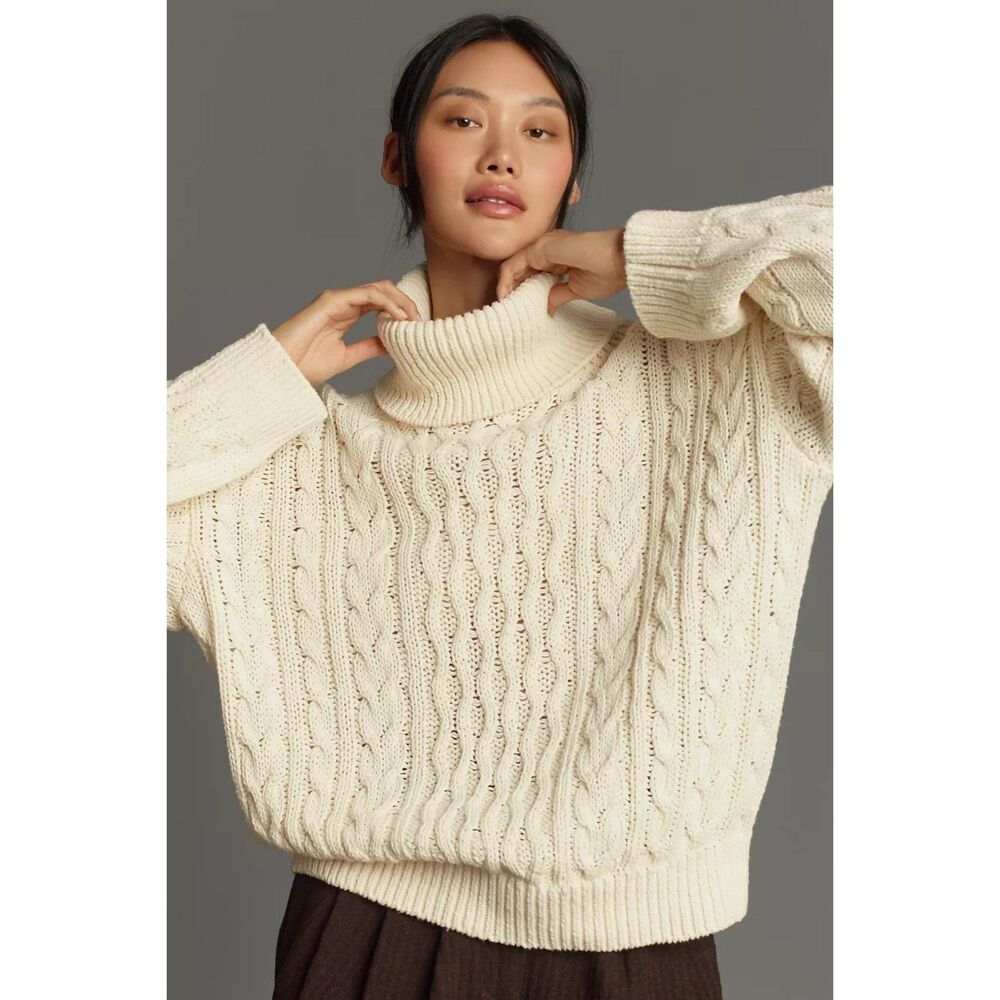 Pilcro Oversized Turtleneck Cable-Knit Chunky Fisherman Sweater Cream Size Small